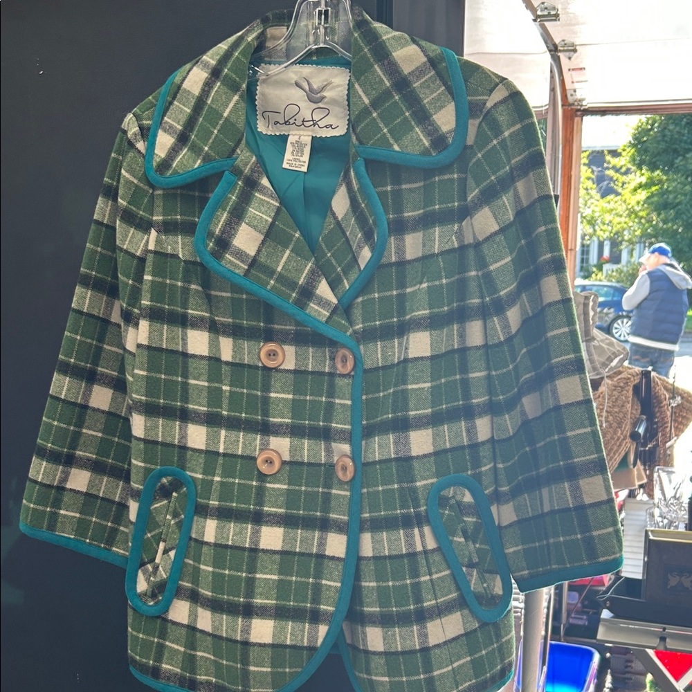 Tabitha Green Plaid Coat with Teal Accents